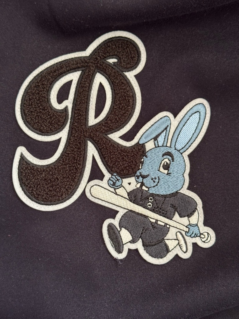 NWT New ZARA Varsity Navy Bomber Jacket Embroidered Rabbit Patch Large Unisex